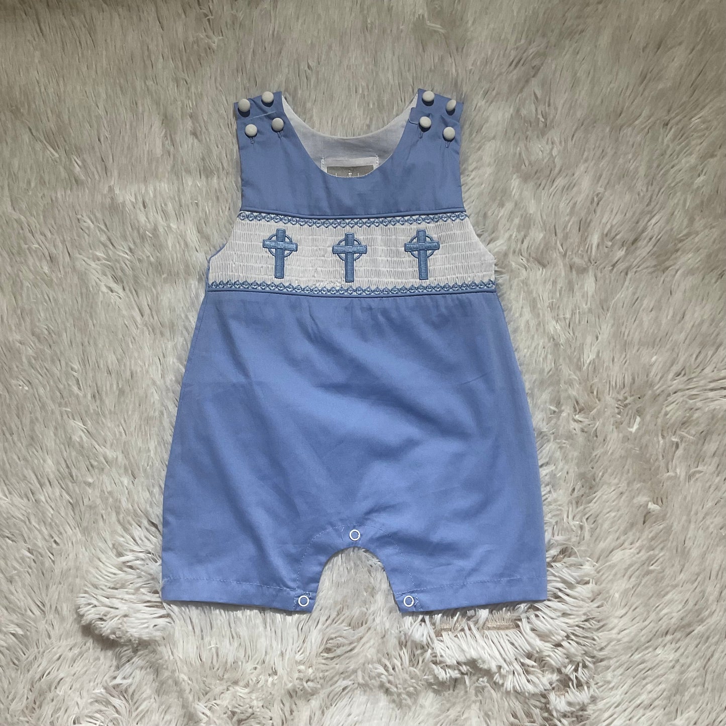 Periwinkle Blue Crosses Smocked Shortalls