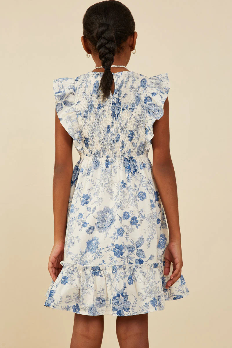 Girls Antique Floral Smock And Ruffle Dress