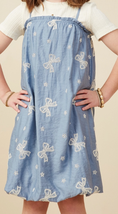 Girls Crochet Bow Embroidered Balloon Hem Dress