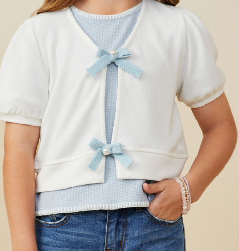 Girls Ribbon Detailed Short Sleeve Knit Open Top