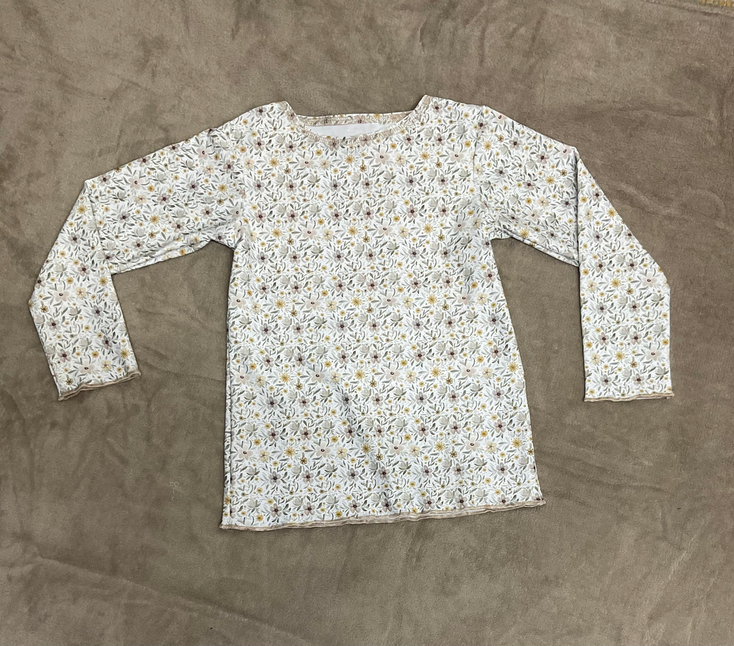 Almond Floral Lettuce Edge Sleeve Top