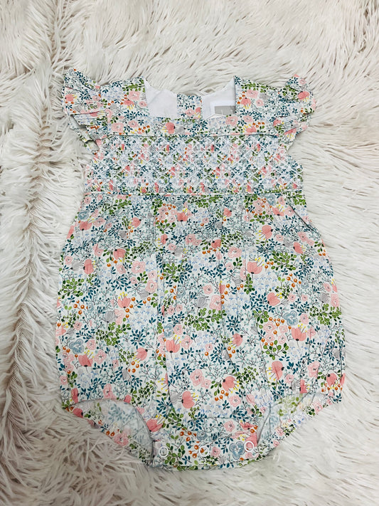 Coral Floral Smocked Futter Romper