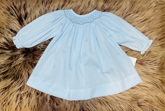 Light Blue and Flowers Smocked LS Dress