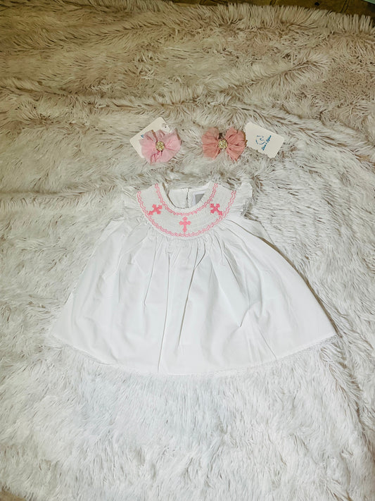 White and Pink Cross Smocked Dress