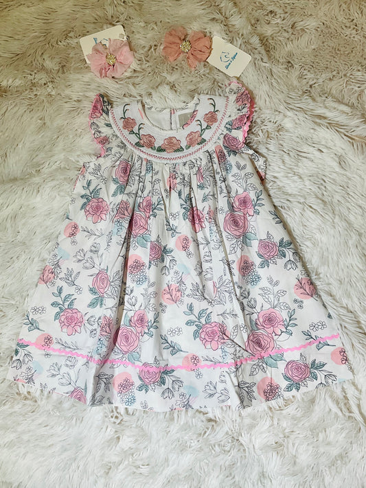 White and Pink Floral Smocked Dress