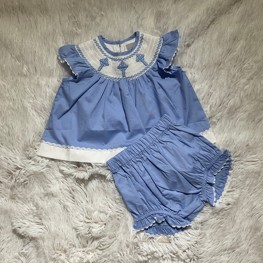 Periwinkle Blue Crosses Smocked Dress and Bloomer Set