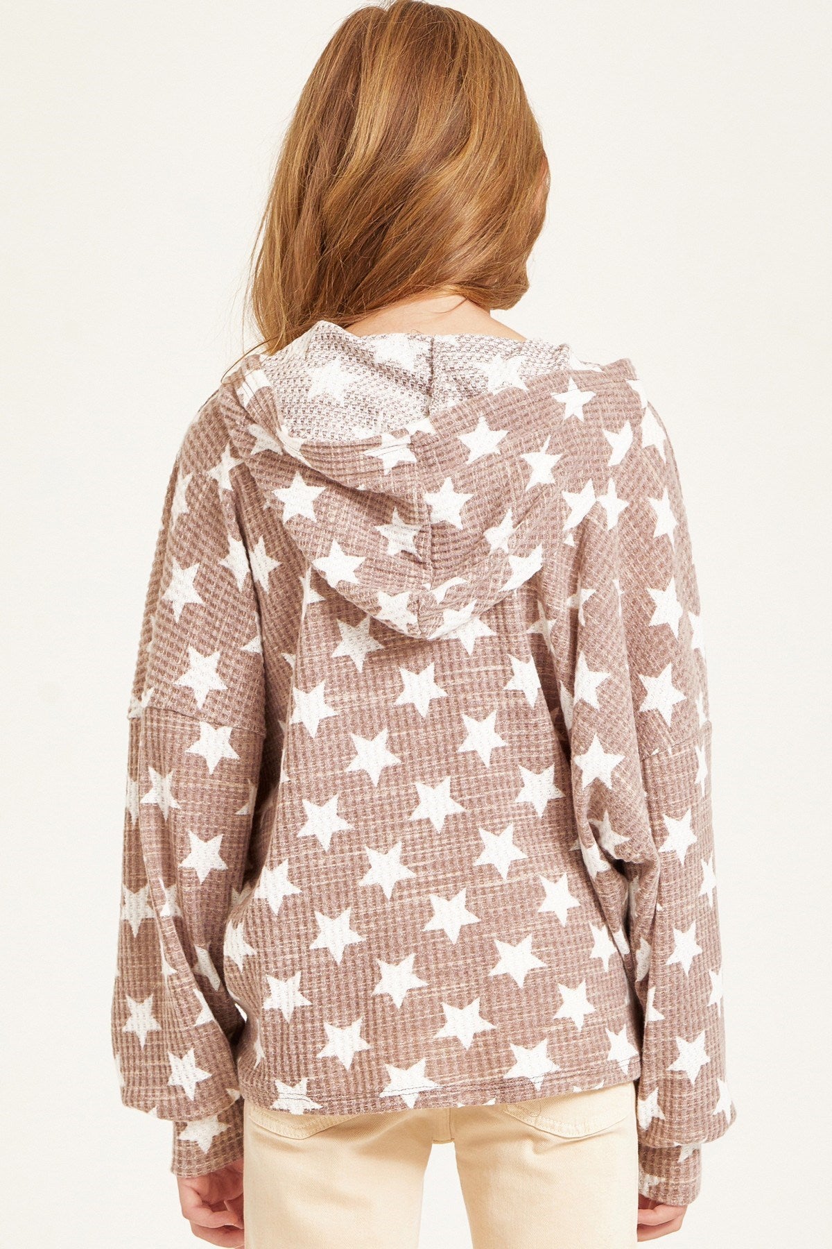 Star Print Brushed Waffle Knit Hoodie