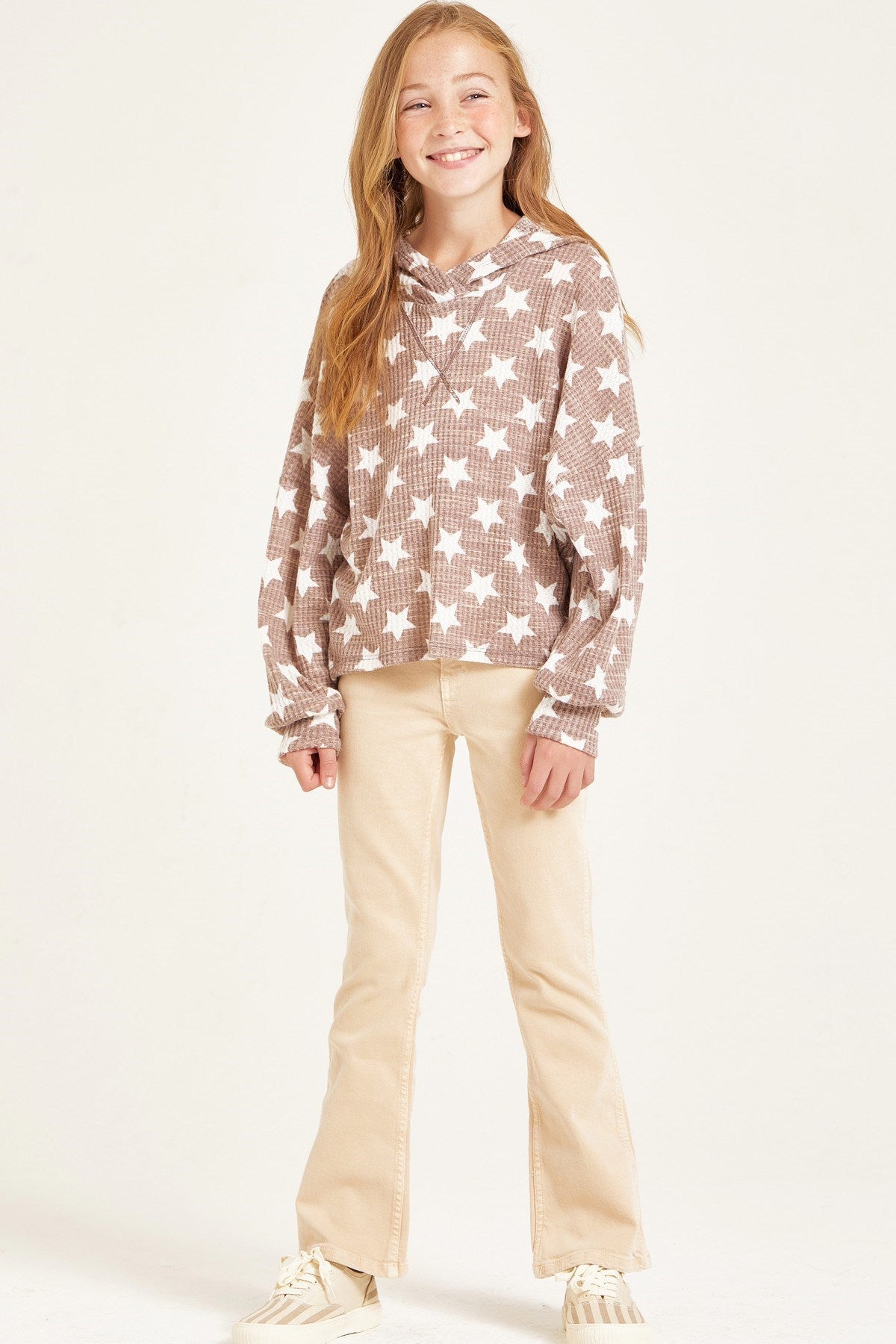 Star Print Brushed Waffle Knit Hoodie