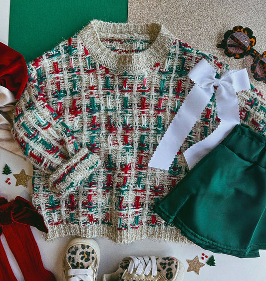 Red + Green Tweed Sweater