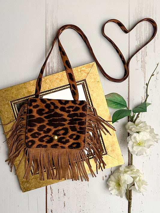 Brown Leopard Boho Fringe Crossbody Flap Purse for Girls