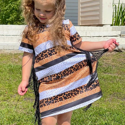 Leopard/Glitter Print Fringe Dress