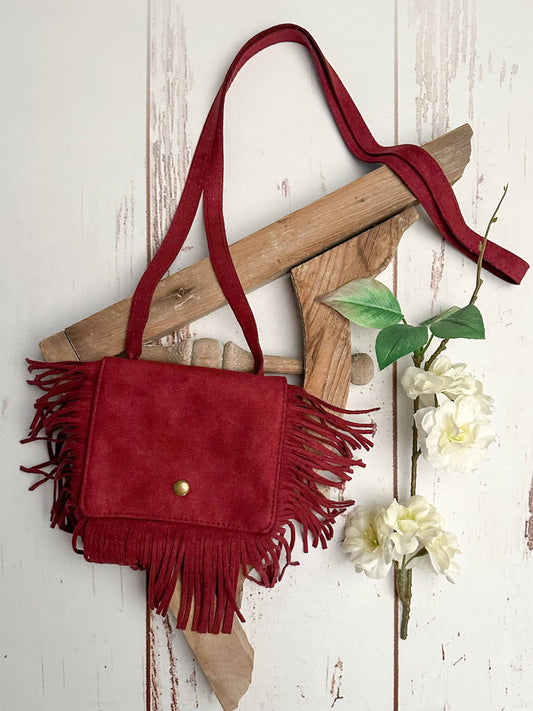 Wine Boho Fringe Crossbody Flap Purse